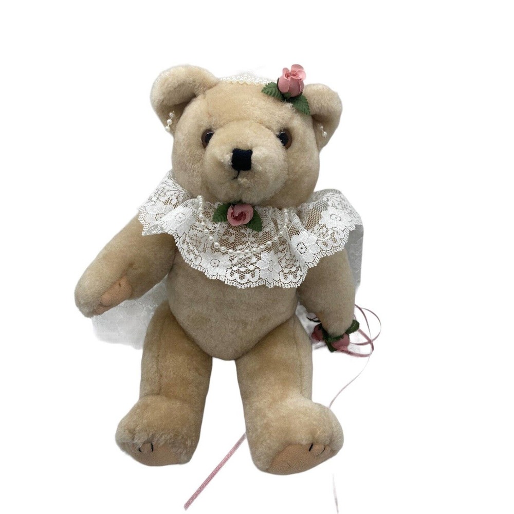 Plush Bride Teddy Bear 12" Wedding Outfit Jewelry Bouquet Posable Arms Legs VTG